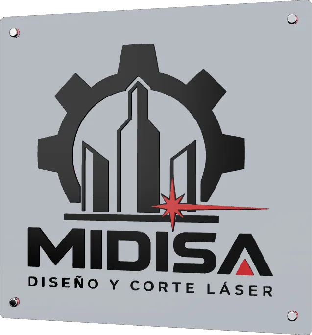 Placa de acrílico negro con logotipo sobre acero (visualización 3D)