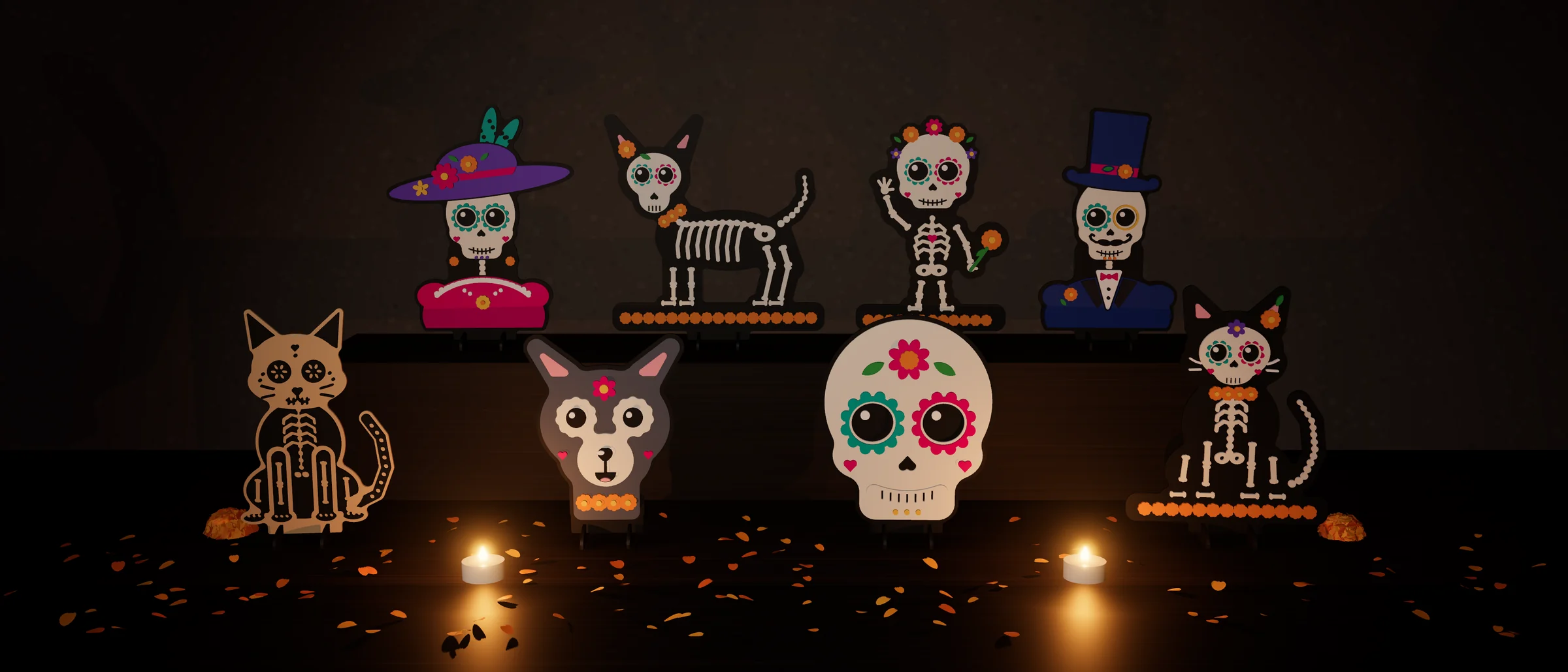 Ocho figuras de MDF en capas, de colores, en una ofrenda de dos niveles: arriba la catrina, un perrito calavera, una calaverita que saluda y el catrín; abajo dos gatitos calavera, un perrito xolo y una calavera de azúcar, con velas y pétalos de cempasúchil.